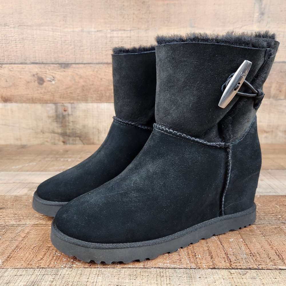 UGG Classic Femme Toggle Women's Size 7.5 US Black Suede Wedge Boots 1113479 - Picture 3 of 10